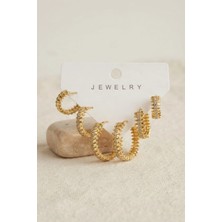 Inure Jewelry Gold Renk Zirkon Taşlı Pirinç Halka Tırtık Model Kadın Küpe Seti