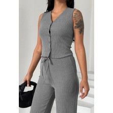New Boudoir Gri Krep Pantolon Bluz Alt Üst Takım