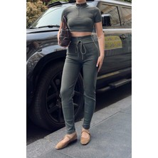 New Boudoir Fermuarlı Koyu Yeşil Kaşkorse Crop Bluz Pantolon Takım