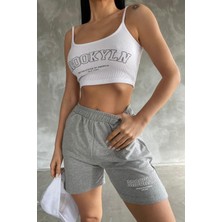 New Boudoir Gri Beyaz Şort Askılı Crop Kadın Alt Üst Takım