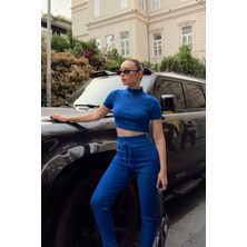 New Boudoir Fermuarlı Saks Kaşkorse Crop Bluz Pantolon Takım