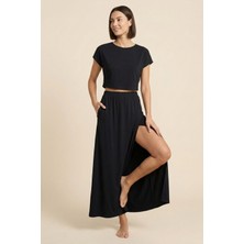 New Boudoir Siyah Viskon Crop Bluz Etek Ikili Takım