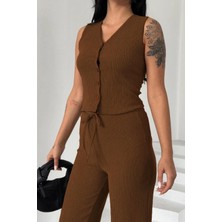 New Boudoir Kahverengi Krep Pantolon Bluz Alt Üst Takım