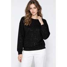 Mevese Yaldız Baskılı Zincirli ve Fularlı Kadın Oversize Modal Sweatshirt - Siyah