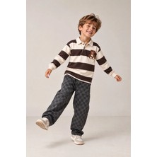 Ponki Unisex Çocuk Oversize Damalı Denim Jean Pantolon