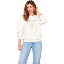 Mevese Kadın Parlak Taş Baskılı Salaş Kesim Üç Iplik Sweatshirt  - Beyaz