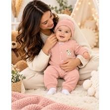 Pudra Pembe Ayıcık Detaylı Bebek Tulum & Bere Takımı