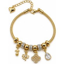 Stelle Jewelry Charm Detaylı Çelik Bileklik Taşlı Yonca Damla ve Çiçek Figürlü Altın Renk 15+5 cm Kadın Bileklik