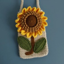 Ayçiçeği Motif Detaylı Handmade Örgü Telefon Çantası % 100 Cotton Trend Kadın El Çantası