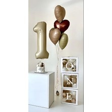 Aksu Bej 1 Yaş Folyo Balon Kalpli ve One Balon Kutusu 20 Parça Parti Seti
