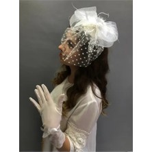 Aksu Şık Beyaz Tül Eldiven ve Puantiyeli Vualet Nikah Şapkası Takımı