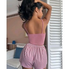 Bezos Professional Kadın Pembe Çizgili Desen Askılı Şortlu Pijama Takım 5002