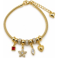 Stelle Jewelry Charm Detaylı Çelik Bileklik Taşlı Çiçek Kalp Kırmızı Taş ve Damla Figürlü Altın Renk 15+5 cm