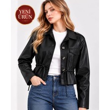 Yeni Sezon Yumuşak Çok Ince Deri Trençkot Görünümlü Gömlek – Bel Ayarlı Düğmeli Kadın Üst Giyim