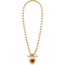Stelle Jewelry Kırmızı Kalp Uçlu Çelik Kolye Gold Renk T Bar Detaylı 50 cm Kadın Kolye