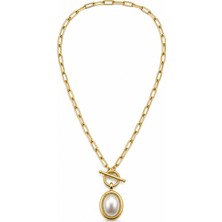 Stelle Jewelry Inci Görünümlü Oval Uçlu Çelik Kolye Gold Renk T Bar Detaylı 40 cm Kadın Kolye