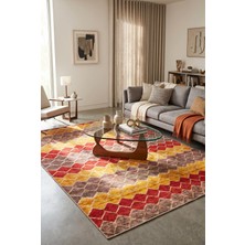 Artloop Funk Kırmızı Sarı Kahve Geometrik Modern Desenli Dokuma Tabanlı Şönil Halı Al 673