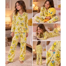 Kız Çocuk Sarı Tweety Desenli Önden Düğmeli Pijama Takımı