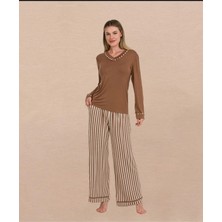 Yare Latte Uzun Kollu Çizgili Pijama Takımı