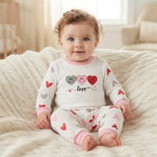 Erca Home Tekstil Ürünleri %100 Pamuklu Interlok Kalp Baskılı Pijama Takım 6 Ay,9 Ay,12 Ay Kız Pembe