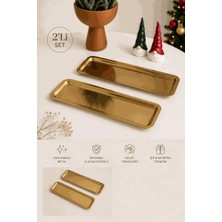 Beige & Stone 2-Piece Gold Color Stainless Steel Rectangular Presentation And Serving Plate Set 33X13 cm For Breakfast, Cake, Appetizers And Treats