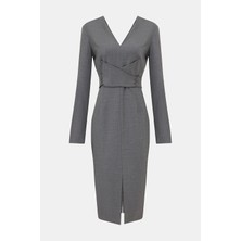 Vakko Grey Melange Long Sleeve Below-Knee Dress