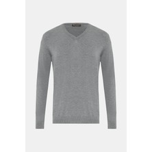 Vakko Grey Melange V-Neck Knit Sweater