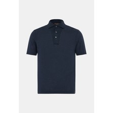 Vakko By Gran Sasso Navy Polo Collar Short Sleeve Linen T-Shirt