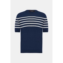 Vakko By Gran Sasso Navy Crew Neck Short Sleeve Linen-Cotton Knit Sweater
