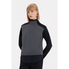 Vakko By Lorena Antonıazzı Navy-Grey Mock Neck Knit Sweater