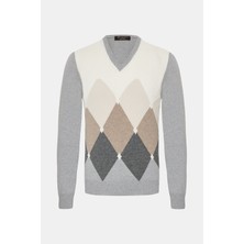 Vakko By Gran Sasso Diamond Pattern V-Neck Wool Cashmere Knit Sweater
