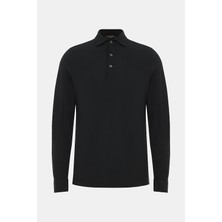 Vakko By Gran Sasso Black Polo Collar Long Sleeve Cotton T-Shirt
