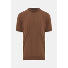 Vakko By Gran Sasso Light Brown Crew Neck Short Sleeve Silk Knit Sweater