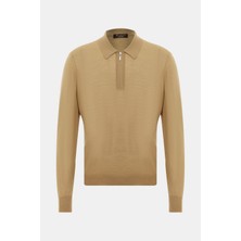 Vakko By Gran Sasso Camel Polo Collar Knit Sweater