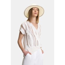 Vakko By Lorena Antonıazzı Cream Short-Sleeve Knit Top