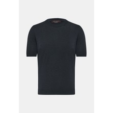 Vakko By Gran Sasso Navy Crew Neck Short Sleeve Silk Knit Sweater