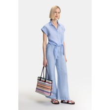 Vakko By 12O Lıno Blue Linen Trousers