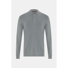 Vakko Grey Melange Polo Collar Knit Sweater