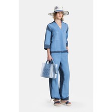 Vakko By 12O Lıno Blue Linen Trousers