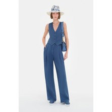 Vakko By 12O Lıno Dark Blue Wide-Leg Trousers