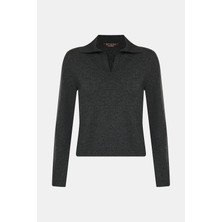 Vakko By Gran Sasso Anthracite Polo Collar Knit Sweater
