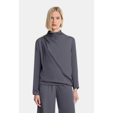 Vakko By Fabıana Fılıppı Anthracite Stand Collar Long Sleeve Blouse