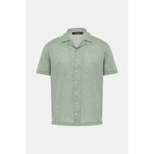 Vakko By Gran Sasso Green Collared Short Sleeve Cotton Striped Shirt