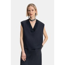 Vakko By Gran Sasso Navy Linen Sleeveless Blouse
