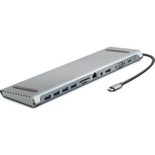 Givoria Type-C 3.0 Hub Pd Hdmı 4K VGA Lan Aux Kart Okuyucu 11 Port 5 Gbps Gri HDX7854