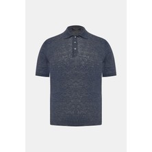 Vakko By Gran Sasso Navy Buttoned Polo Collar Short Sleeve Linen Knit Top