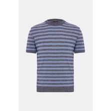 Vakko By Danıele Fıesolı Blue Crew Neck Short Sleeve Striped Knit T-Shirt