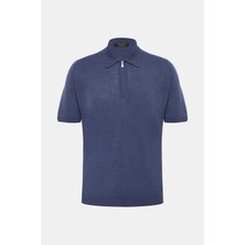 Vakko By Gran Sasso Royal Blue Zip Polo Collar Short Sleeve Silk Knitwear