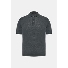 Vakko By Gran Sasso Smoke Grey Polo Collar Buttoned Short Sleeve Linen Knit Top