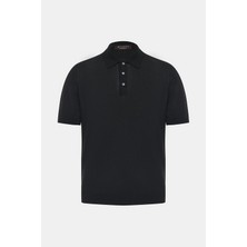 Vakko By Gran Sasso Black Buttoned Polo Collar Short Sleeve Silk Knitwear